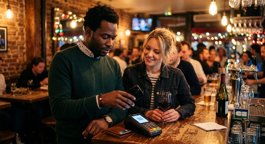 Two friends at a bar, one paying the tab by phone